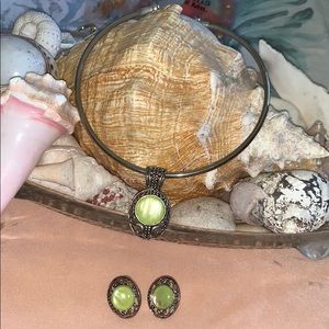 Silver choker (green stone). Matching earrings